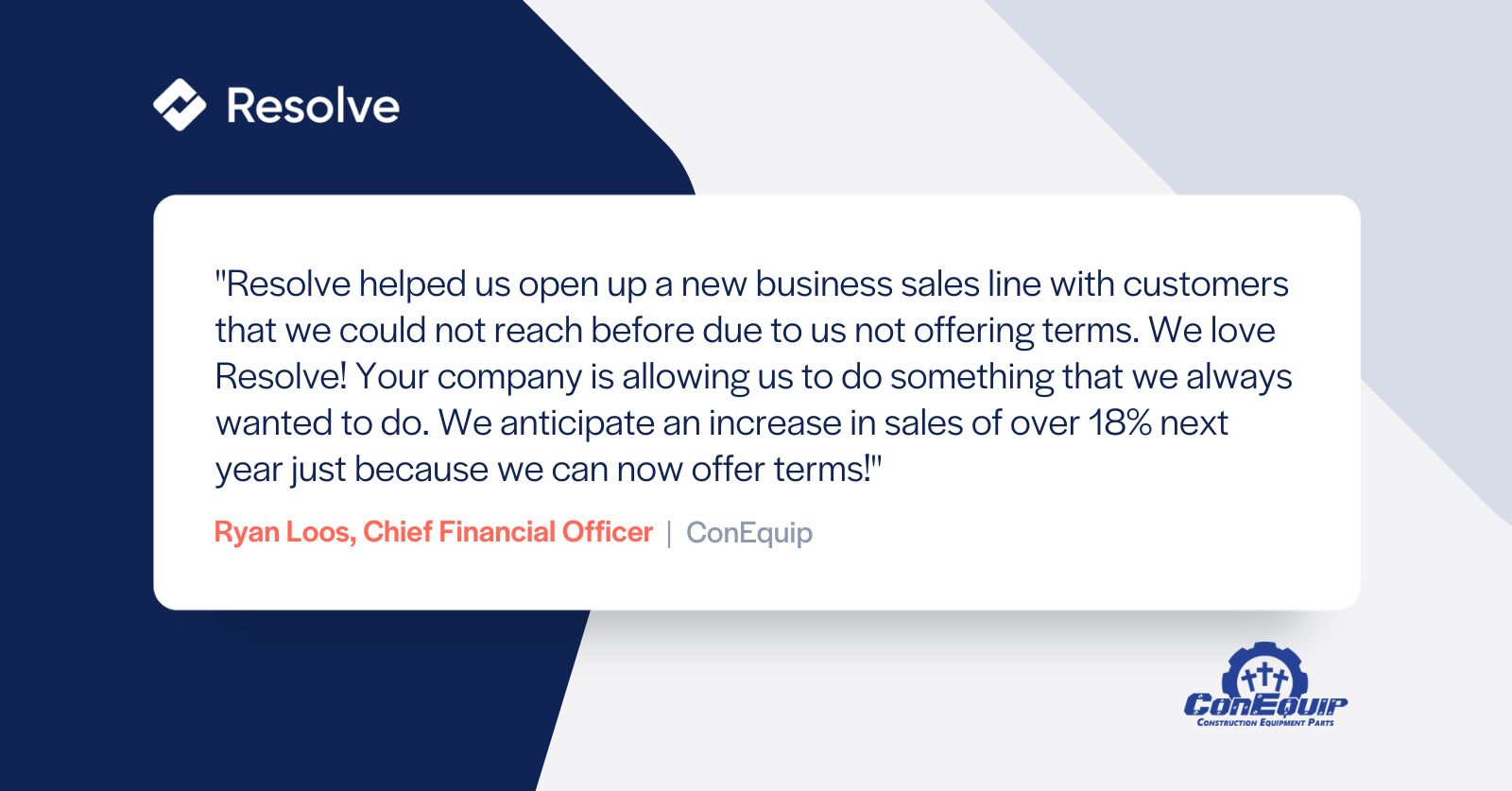 Quote from Ryan Loos, CFO at ConEquip about growing sales with Resolve